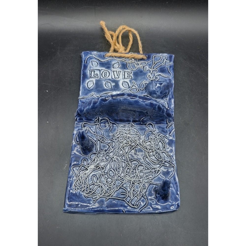 Handmade Studio Pottery Love Wall Hanging Cobalt Blue Ceramic Shelf with Pegs 8"